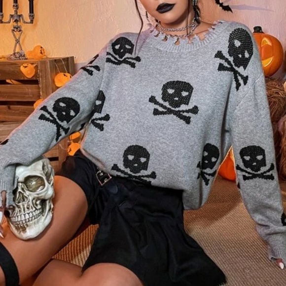 Cozy Skull Print Distressed Sweater Top - Picture 3 of 4